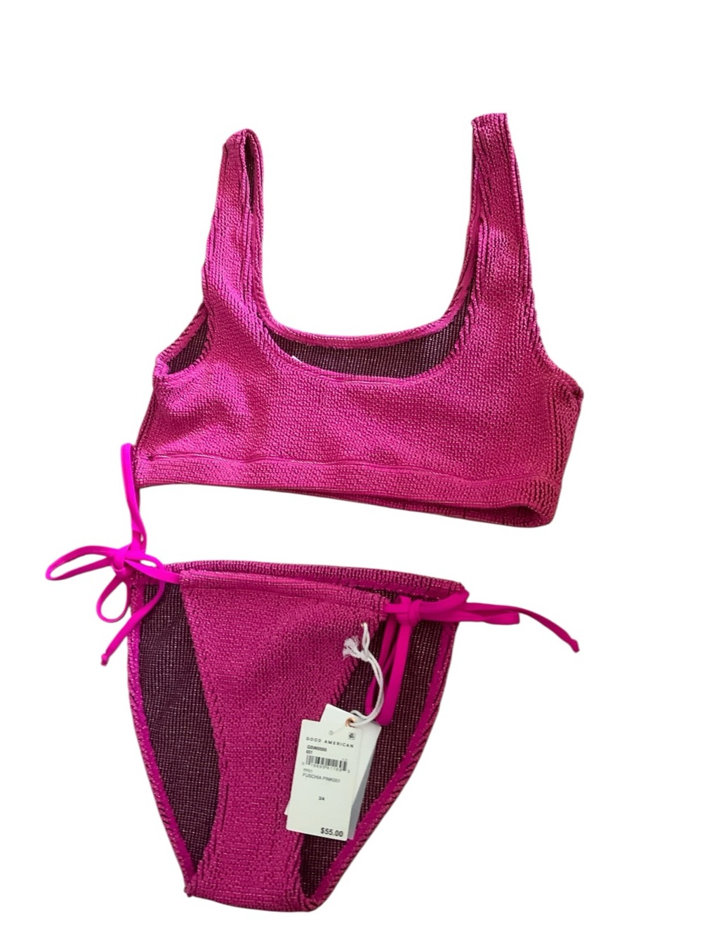 Good American Always Fit Fuchsia Metallic Ribbed Bikini Set 3/4 L-XL